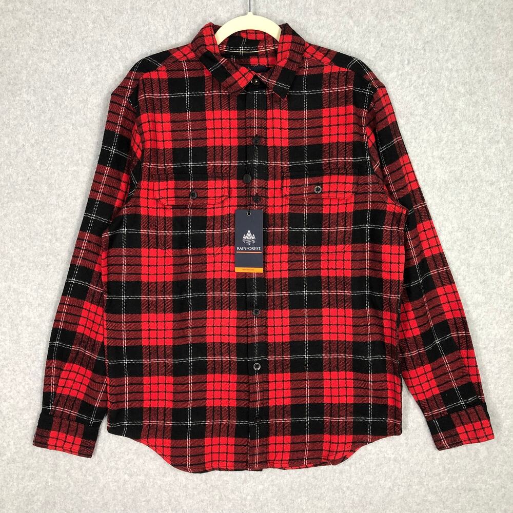 Rainforest‎ Flannel Shirt Mens Small Red Black Plaid Cotton Brushed Heavyweight